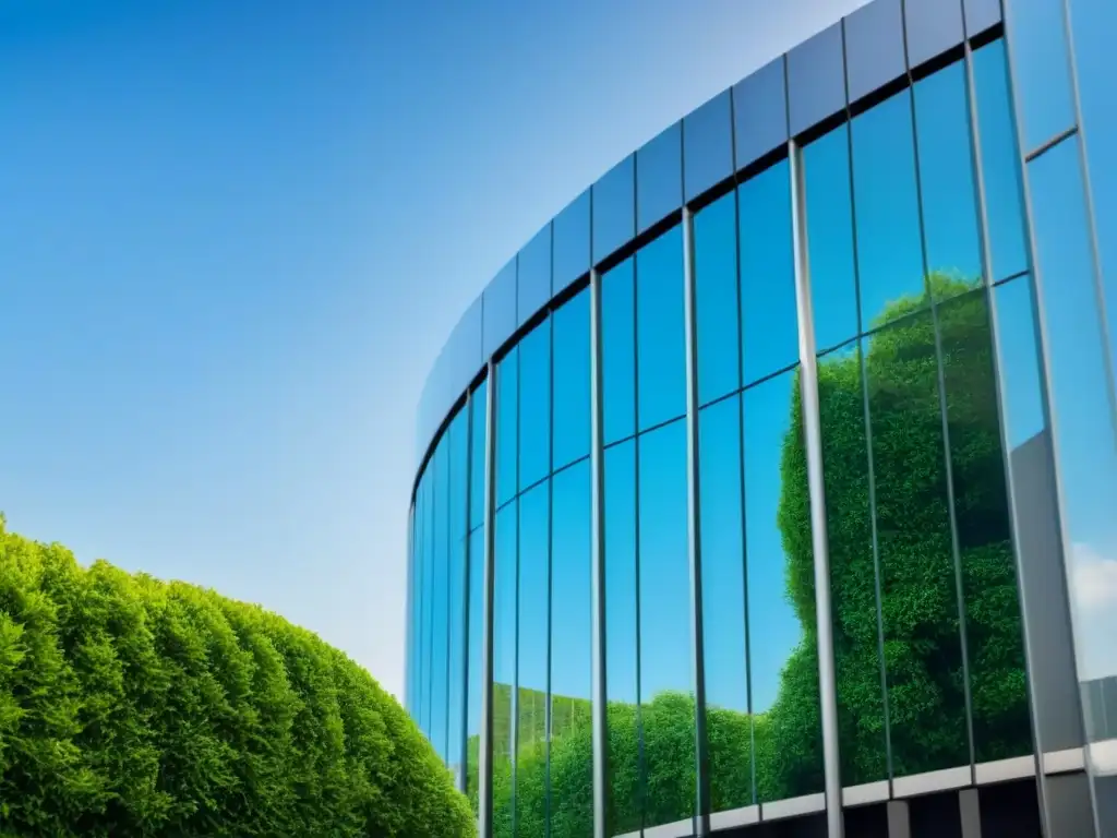 Edificio moderno: sinergias post-merger en valuación inmobiliaria Un edificio moderno con fachada de cristal, rodeado de vegetación, bajo un cielo azul