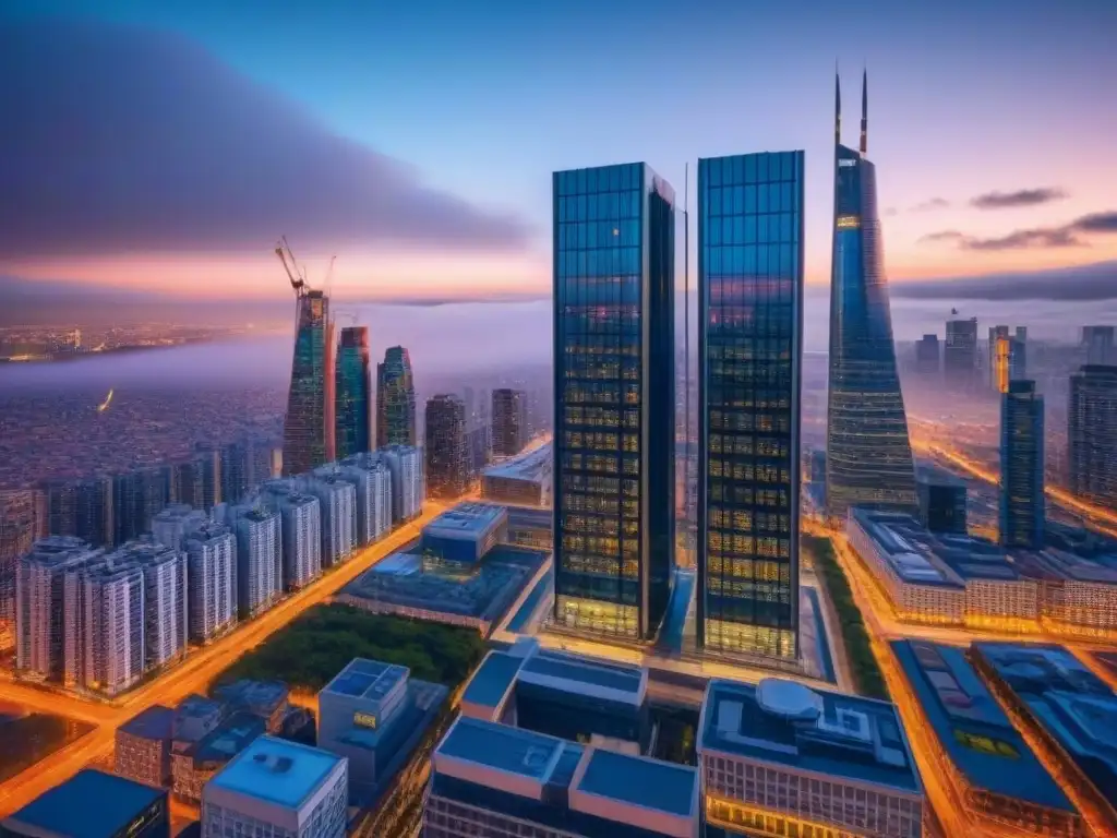 Edificio moderno de cristal en ciudad vibrante al anochecer Edificio moderno con fachada de vidrio, iluminado desde adentro, destacándose en el vibrante skyline urbano al atardecer