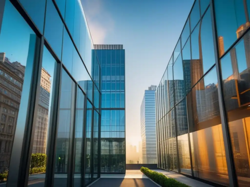Edificio de oficinas moderno con fachada de vidrio reflejando la ciudad Edificio moderno con fachada de vidrio, reflejando la ciudad