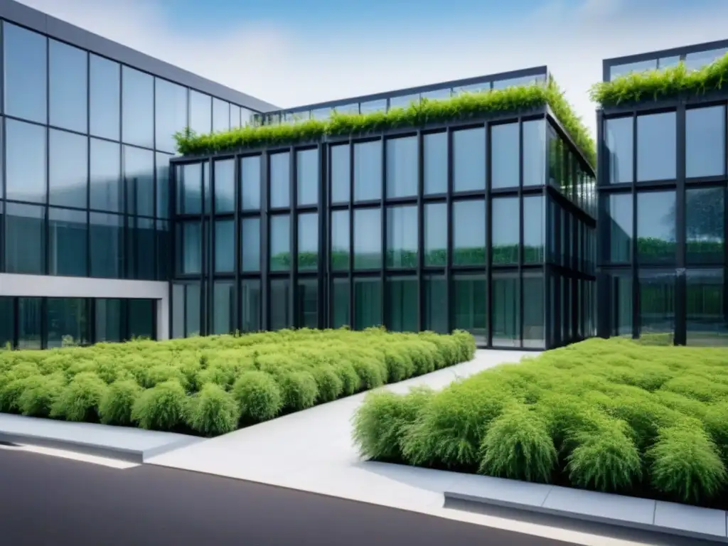 Edificio sostenible: arquitectura moderna y ecoamigable Edificio moderno con fachada de vidrio rodeado de vegetación, representando criterios ESG en inversiones inmobiliarias