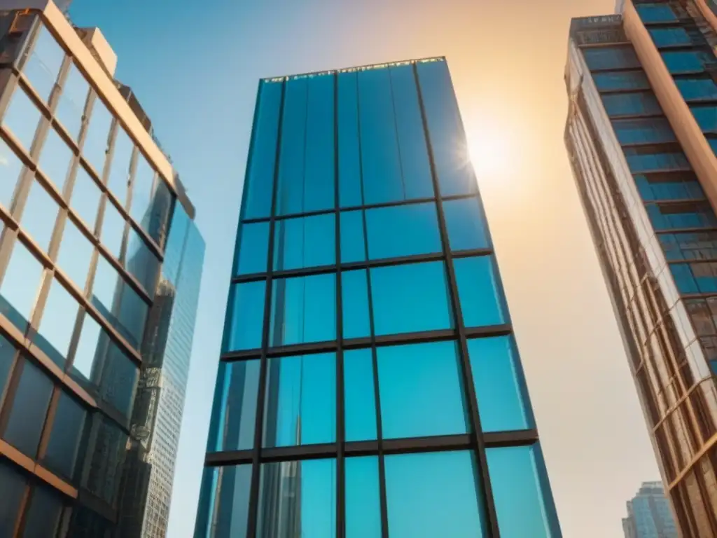 Esplendor arquitectónico: rascacielos moderno en 8k Edificio moderno con fachada de vidrio, reflejando la ciudad, bajo un cielo azul