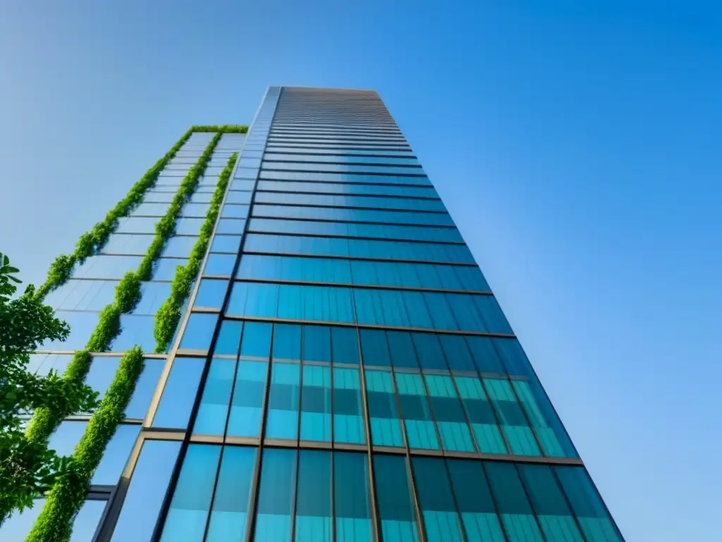 Edificio moderno y sustentable en 8k, símbolo de éxito ético Edificio moderno con fachada de vidrio, rodeado de vegetación, simbolizando ética en mercado inmobiliario internacional