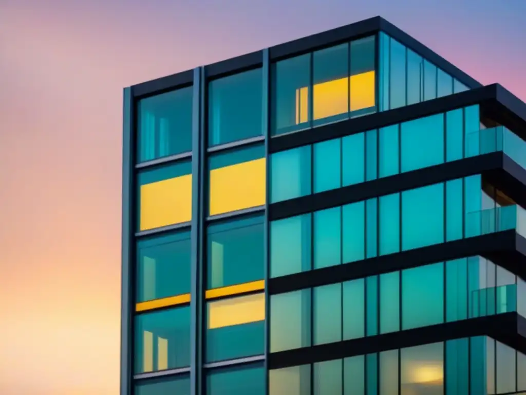 Edificio moderno en atardecer dorado: éxito en inversiones inmobiliarias Edificio moderno con fachada de vidrio reflejando el atardecer dorado, rodeado de vegetación en un paisaje urbano vibrante