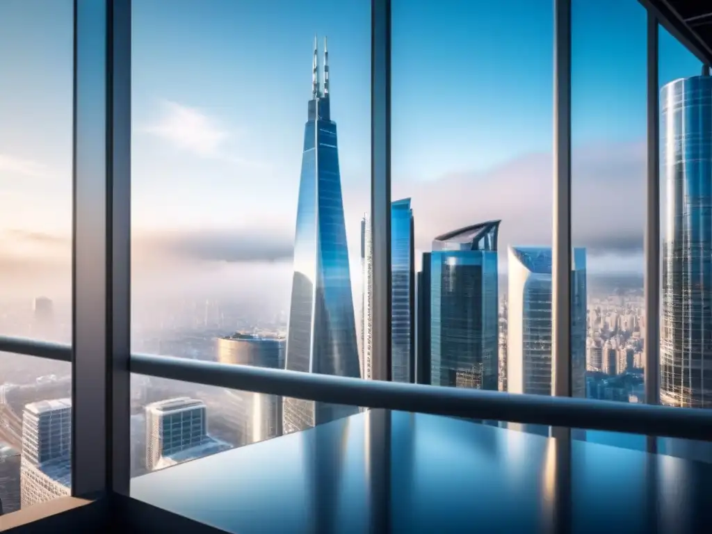 Un edificio moderno y futurista en una ciudad internacional bulliciosa
