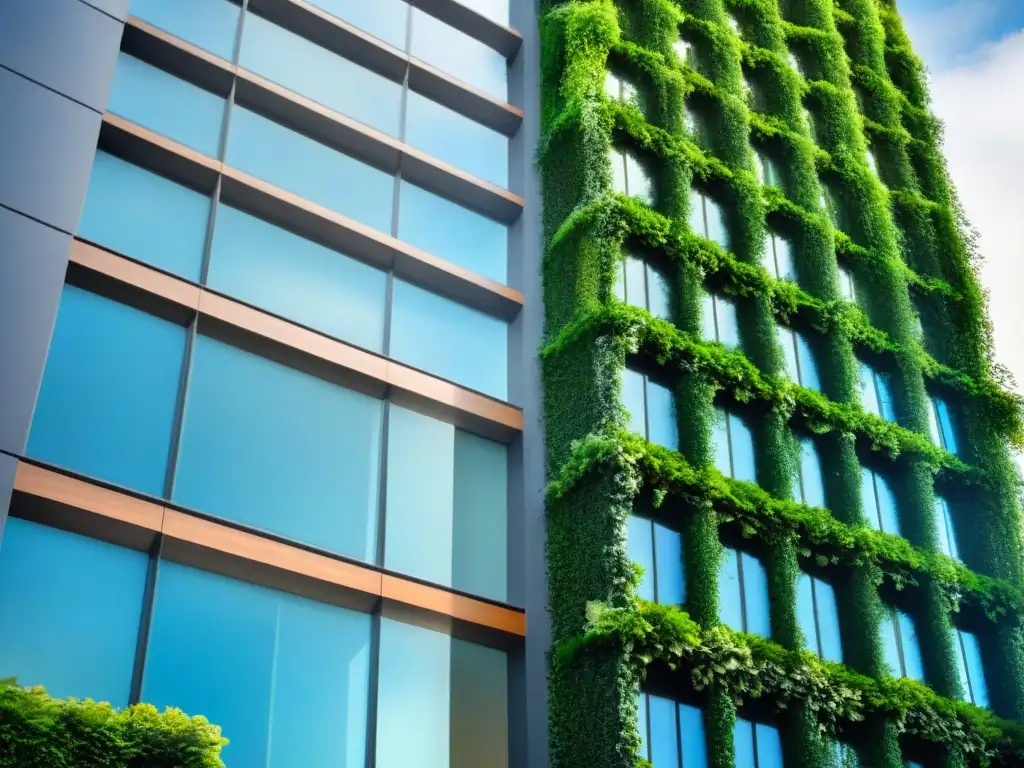 Edificio moderno con jardín vertical exuberante Un edificio moderno con un gran jardín vertical, muestra la armonía entre la naturaleza y el diseño contemporáneo