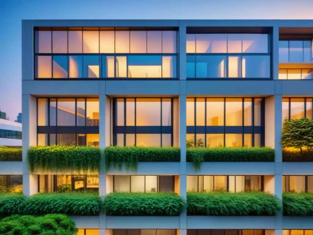 Edificio de oficinas moderno y elegante en ciudad vibrante al atardecer Un edificio moderno con grandes ventanales, refleja una ciudad vibrante al atardecer