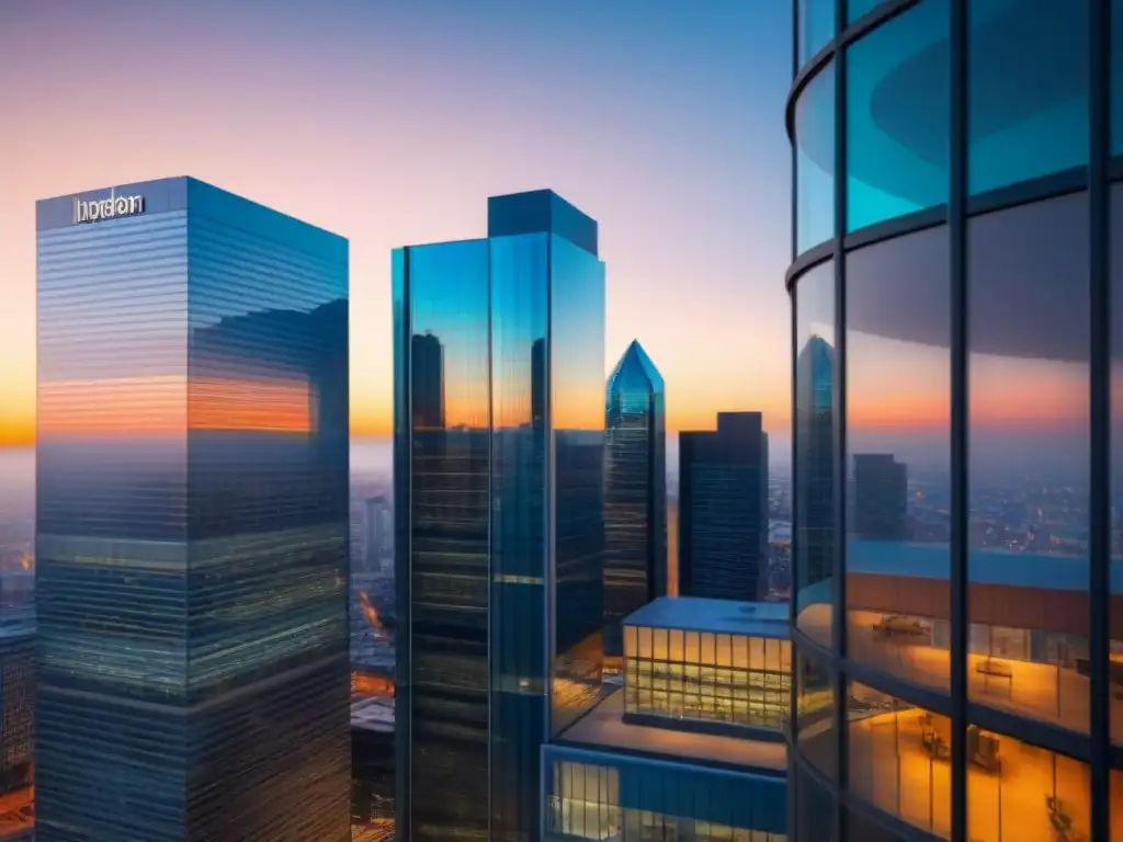 Edificio de oficinas seguro en mercado internacional Edificio moderno con grandes ventanas de cristal reflejando la ciudad al atardecer, simbolizando la protección de los Seguros propiedad comercial mercado internacional