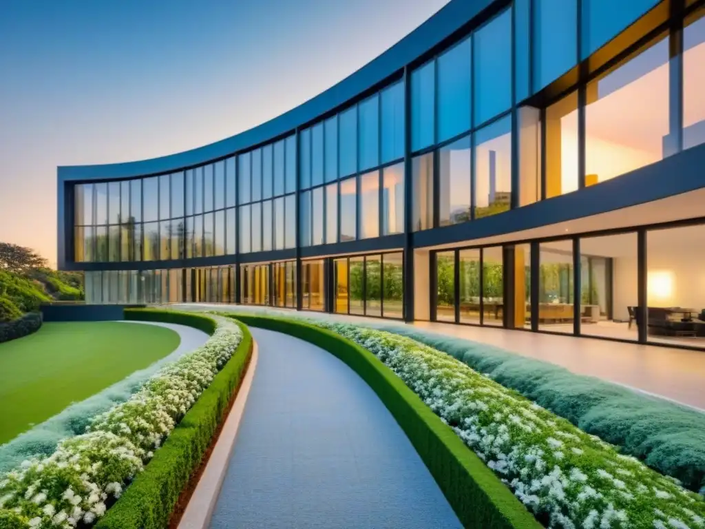 Innovación verde: edificio moderno con vistas panorámicas Edificio moderno con grandes ventanas de vidrio, rodeado de vegetación, reflejando innovación