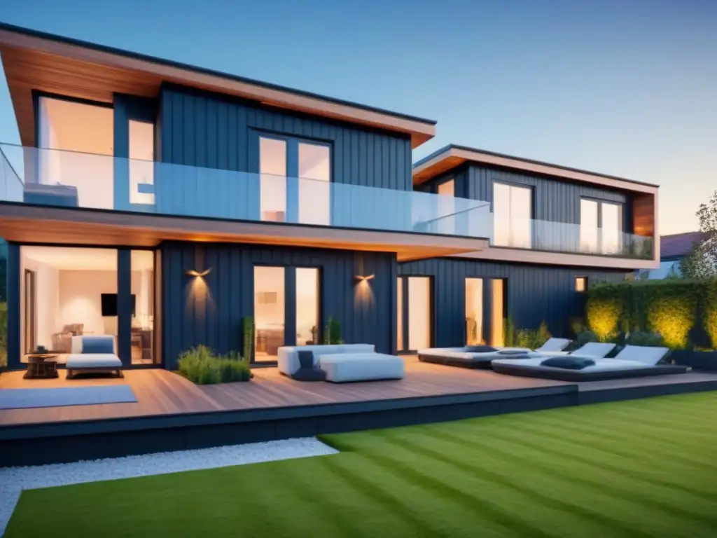 Un edificio moderno con certificación Passive House para inversionistas, con paneles solares y jardines verdes, bajo cielo azul