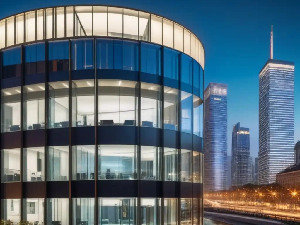 Edificio moderno en la noche: seguridad y sofisticación en la ciudad Un edificio moderno iluminado por luces de la ciudad, rodeado de un paisaje urbano vibrante