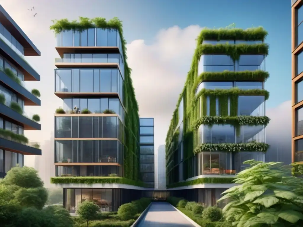 Edificio sostenible: arquitectura moderna en armonía con la naturaleza Un edificio moderno impresionante cubierto de vegetación, con paneles solares y certificación LEED y BREEAM inmobiliario