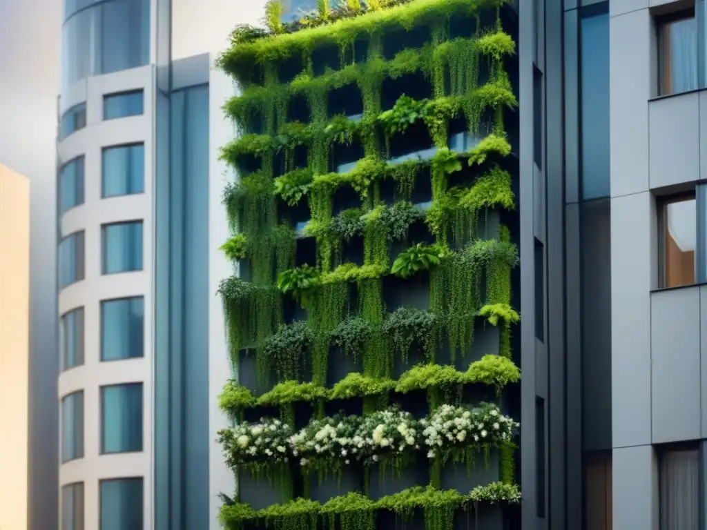 Edificio moderno con jardines verticales exuberantes Edificio moderno con jardines verticales purificadores, beneficios muros vivientes purificadores