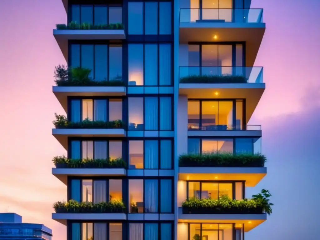 Edificio de lujo sostenible con diseño moderno y vistas urbanas al atardecer Edificio moderno de lujo con certificaciones LEED y BREEAM, reflejando la ciudad al atardecer