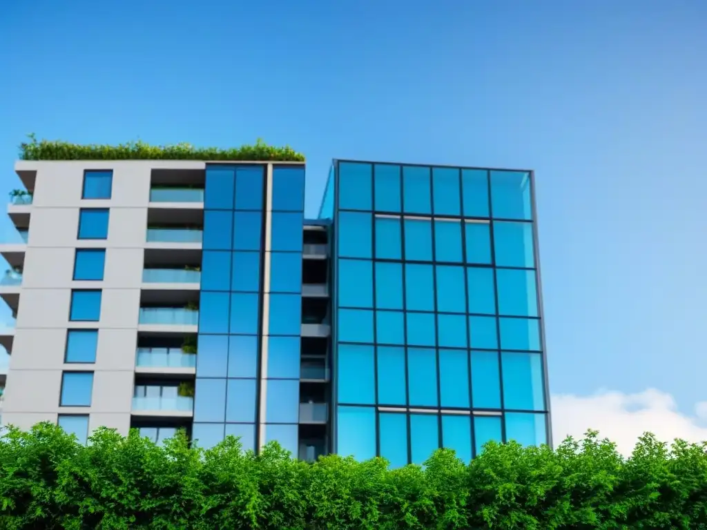 Edificio ecológico de lujo en la ciudad Edificio moderno de lujo con certificaciones ambientales en mercado inmobiliario, rodeado de vegetación y paneles solares