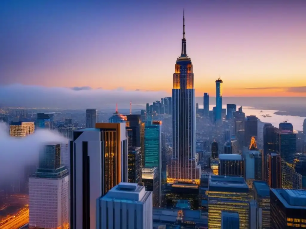 Edificio de lujo en ciudad vibrante al atardecer Edificio moderno de lujo en la ciudad al anochecer, reflejando la vibrante vida urbana