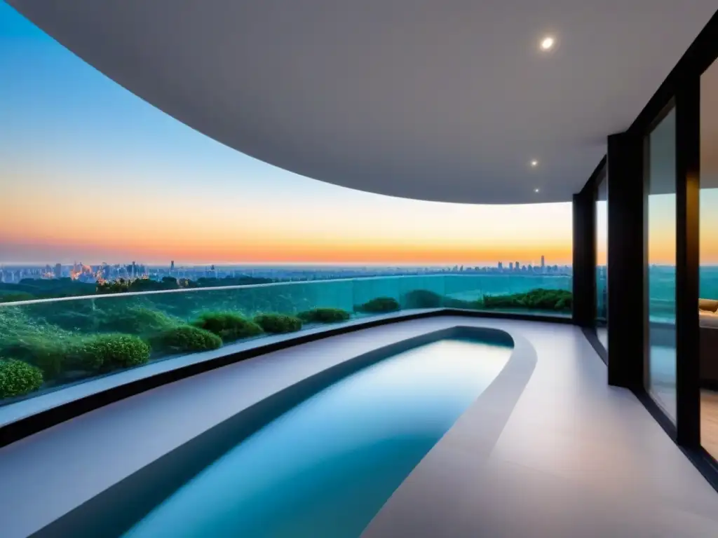Edificio de lujo con diseño moderno y terraza en la azotea en la ciudad Edificio moderno de lujo con diseño elegante, ventanas de piso a techo y terraza en la azotea con vista a la ciudad