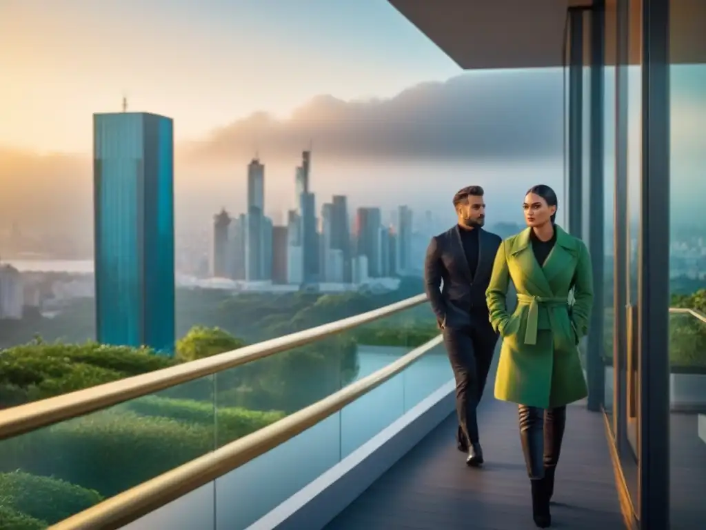 Edificio de lujo con fachada de vidrio y atardecer dorado Un edificio moderno de lujo con fachada de vidrio rodeado de vegetación, bajo una cálida luz dorada al atardecer
