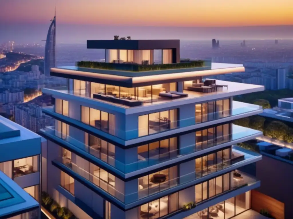 Edificio de lujo con terraza en la azotea y energía urbana al atardecer Un edificio moderno de lujo con fachadas de vidrio, terraza en la azotea y vista urbana al atardecer