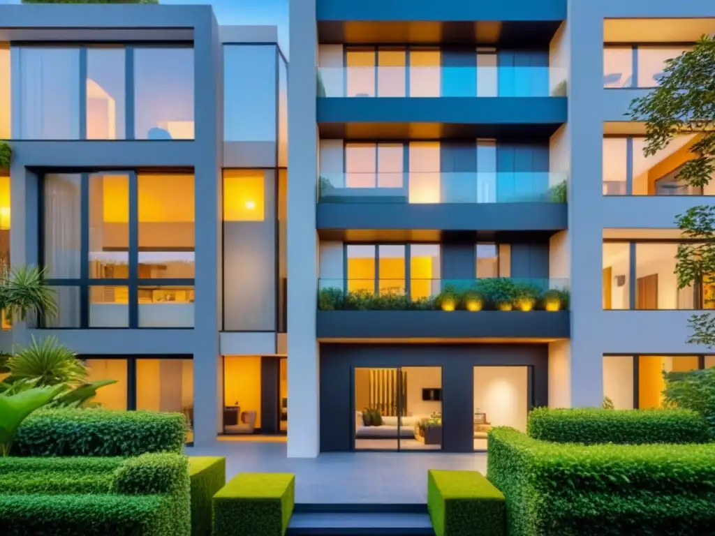 Edificio de lujo con sistemas automatizados y seguridad sofisticada Un edificio moderno de lujo con sistemas automatizados y ventanales enormes, rodeado de vegetación y una elegante puerta de seguridad