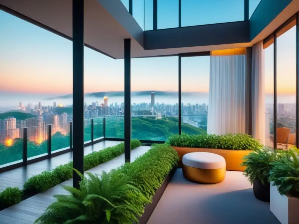 Edificio de lujo con arquitectura moderna y vistas panorámicas en la ciudad Edificio moderno de lujo con terraza en la azotea y vistas a la ciudad
