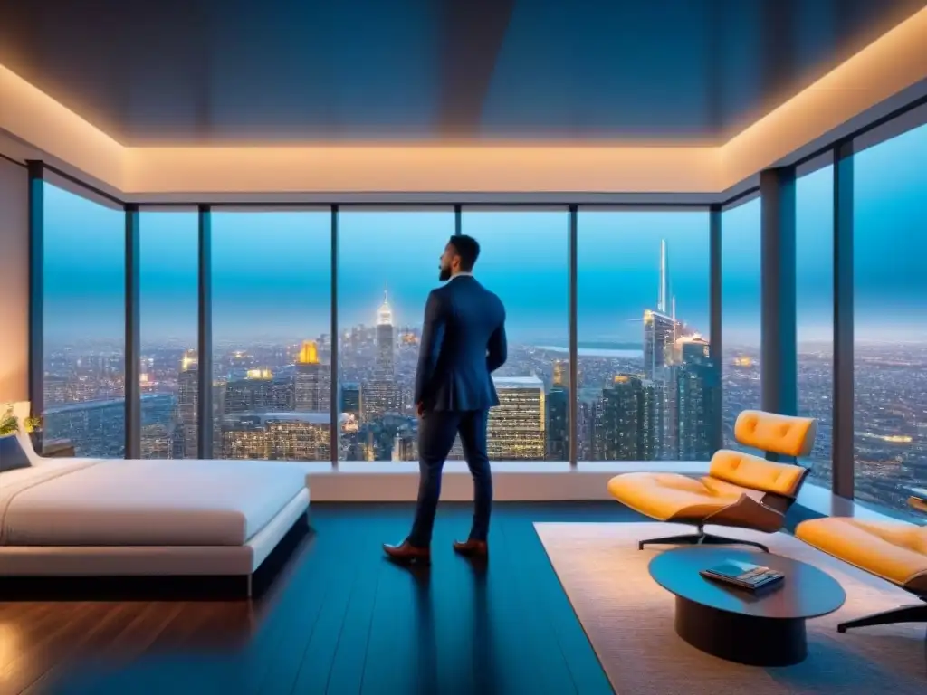 Edificio moderno de lujo con ventanales de piso a techo reflejando un vibrante paisaje urbano nocturno