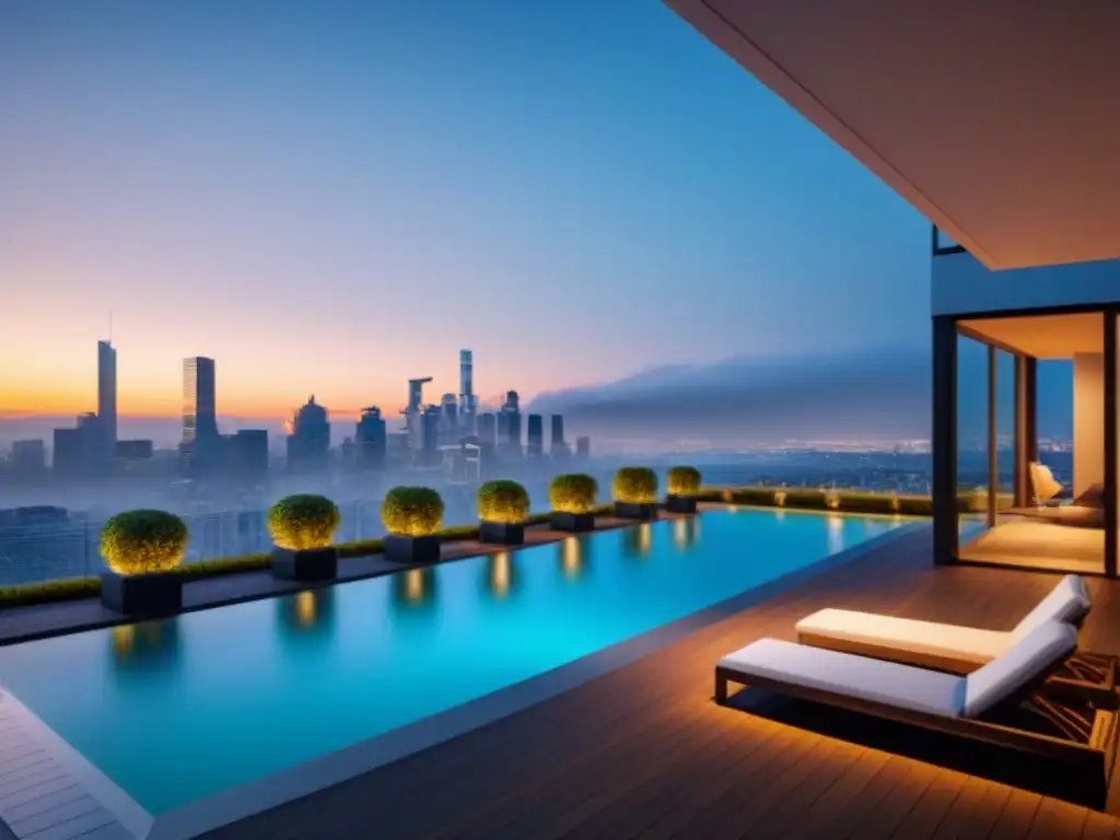 Edificio de lujo con diseño moderno y vistas impresionantes Edificio moderno de lujo con ventanales, jardín en la azotea y piscina, vista a la ciudad