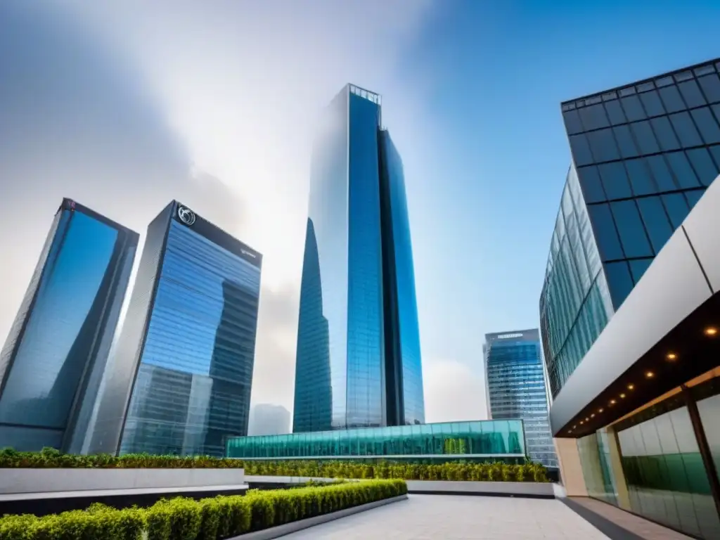 Edificio de oficinas moderno y lujoso en ciudad vibrante Edificio moderno y lujoso en centro urbano, con diseño contemporáneo y ventanales de cristal, reflejando rascacielos y un bullicioso entorno
