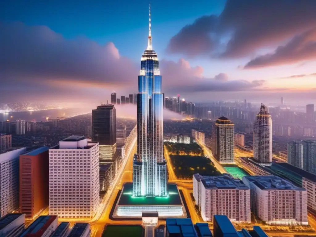 Edificio de lujo en ciudad vibrante de noche: arquitectura innovadora Edificio moderno y lujoso en la ciudad de noche, representando el marketing inmobiliario internacional personalizado