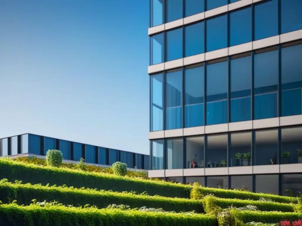 Edificio de lujo con diseño ecoamigable y moderno en la ciudad Un edificio moderno y lujoso con diseño arquitectónico elegante, rodeado de naturaleza y certificaciones sostenibilidad mercado inmobiliario