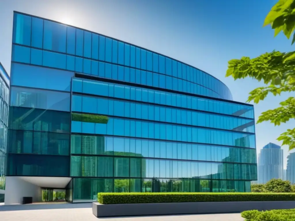 Edificio de oficinas moderno y lujoso en la ciudad Edificio moderno y lujoso en un entorno urbano, rodeado de vegetación y con una fuente