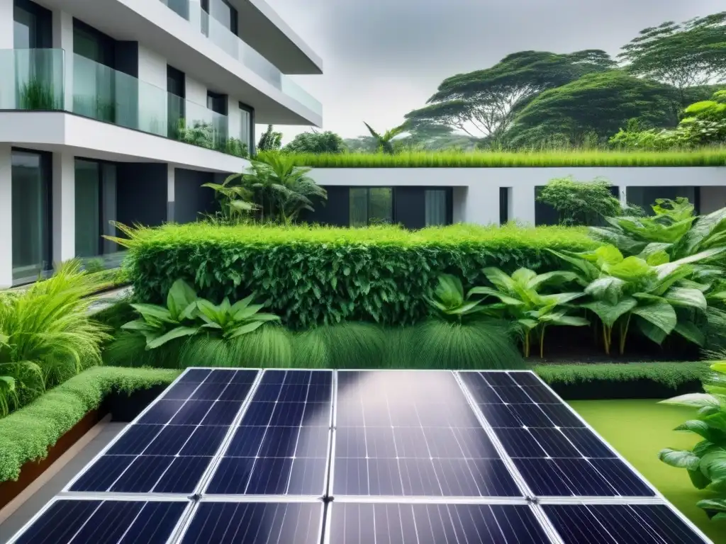 Edificio ecológico de lujo entre vegetación exuberante Edificio moderno y lujoso rodeado de vegetación, con paneles solares y sistemas de recolección de agua
