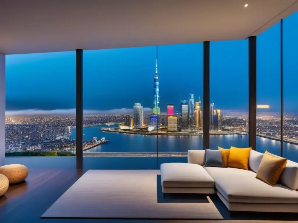 Edificio moderno de lujo en ciudad cosmopolita Edificio moderno y lujoso con ventanales de piso a techo reflejando un vibrante paisaje urbano nocturno, ideal para marketing inmobiliario internacional personalizado