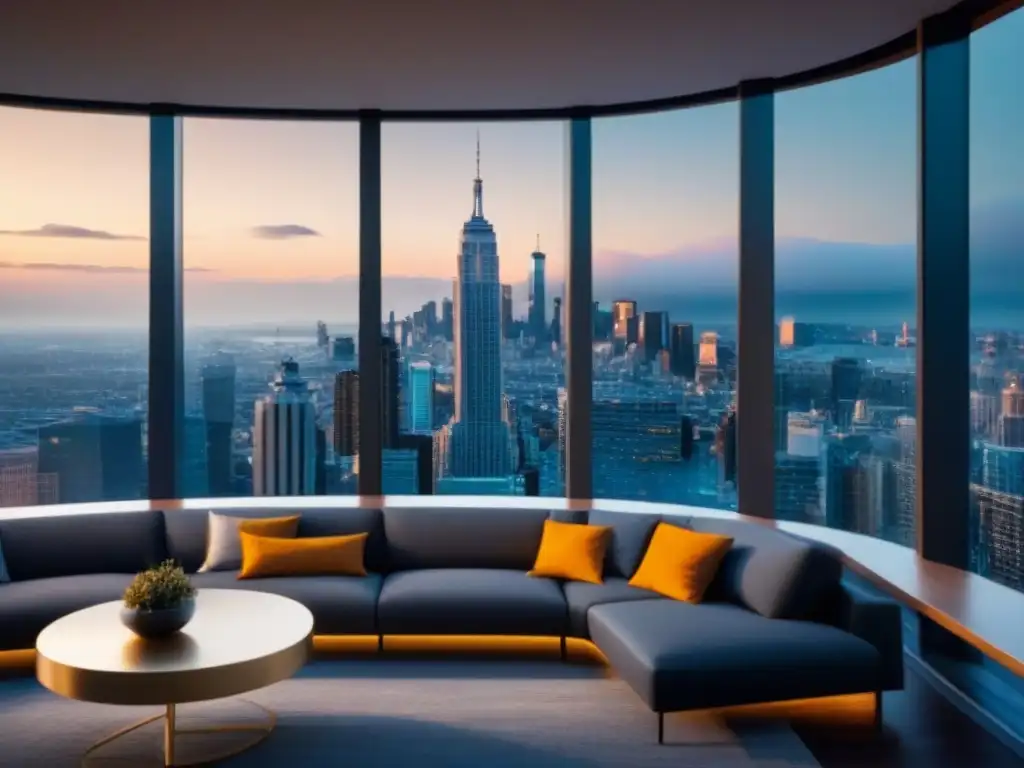 Edificio de oficinas moderno con vistas a la ciudad al atardecer Un edificio moderno y lujoso con ventanales de piso a techo reflejando la ciudad al anochecer