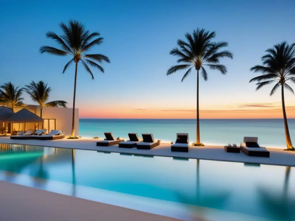 Edificio de lujo frente a playa paradisíaca al atardecer Un edificio moderno y lujoso con vistas a una playa cristalina al atardecer, ideal para destinos tiempo compartido inversión global