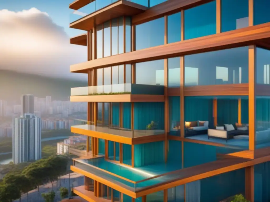 Edificio de madera contralaminada: innovación eco-sostenible Edificio moderno de madera contralaminada en la ciudad