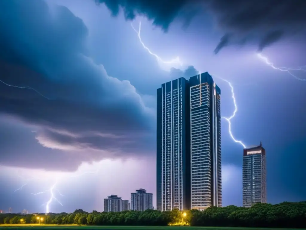 Inversión inmobiliaria: alta tecnología bajo el peligro Edificio moderno en medio de tormenta eléctrica, evocando la necesidad de Seguros propiedad internacional zonas riesgo