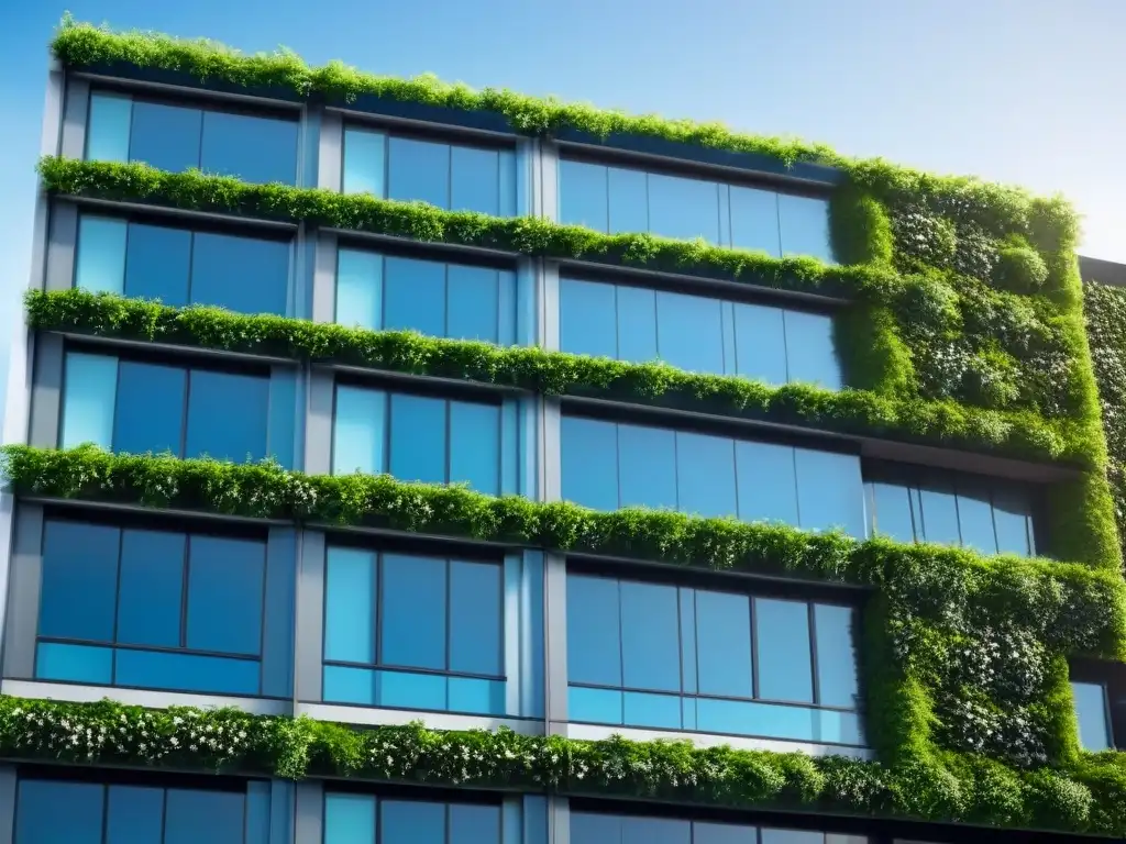 Edificio moderno con muro verde y paneles solares en el techo