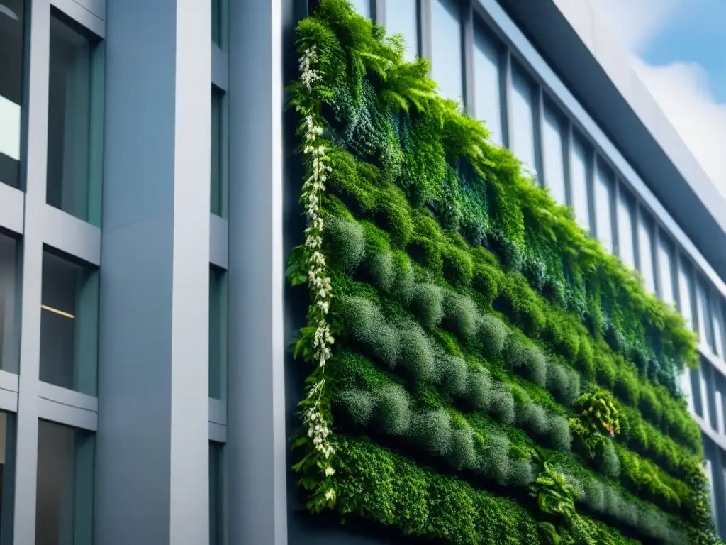 Fachada verde: armonía natural y arquitectónica en edificio sostenible Edificio moderno con muro verde purificador de aire, integrando naturaleza y arquitectura