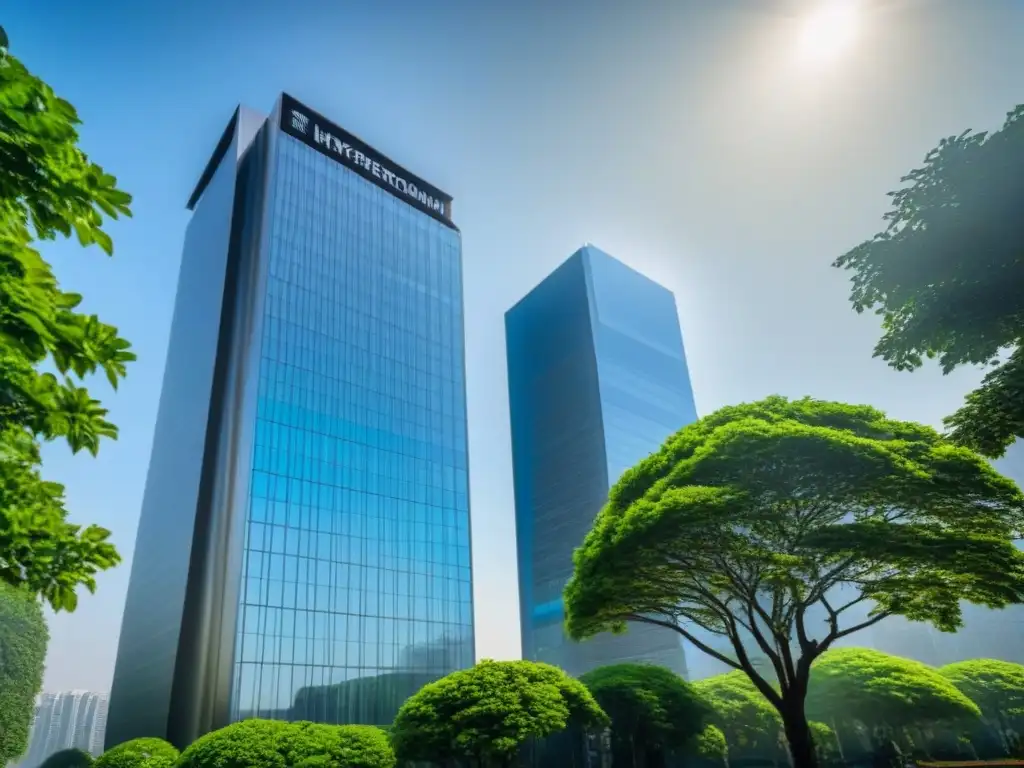 Edificio de oficinas moderno: éxito entre naturaleza y ciudad Edificio moderno de oficinas con árboles verdes y ciudad al fondo, reflejando el sol
