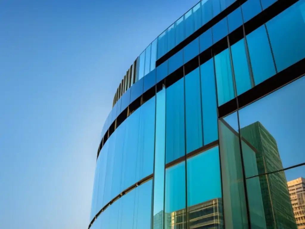 Edificio moderno y vibrante en la ciudad: símbolo de éxito postBrexit Edificio moderno de oficinas refleja la ciudad, simbolizando el mercado inmobiliario internacional post-Brexit