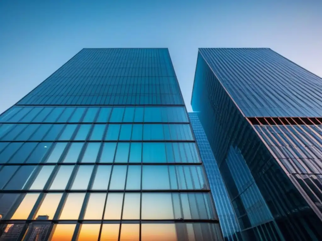 Edificio de oficinas moderno en ciudad al atardecer Edificio moderno de oficinas reflejando la ciudad al atardecer, simbolizando ética en inversiones inmobiliarias internacionales