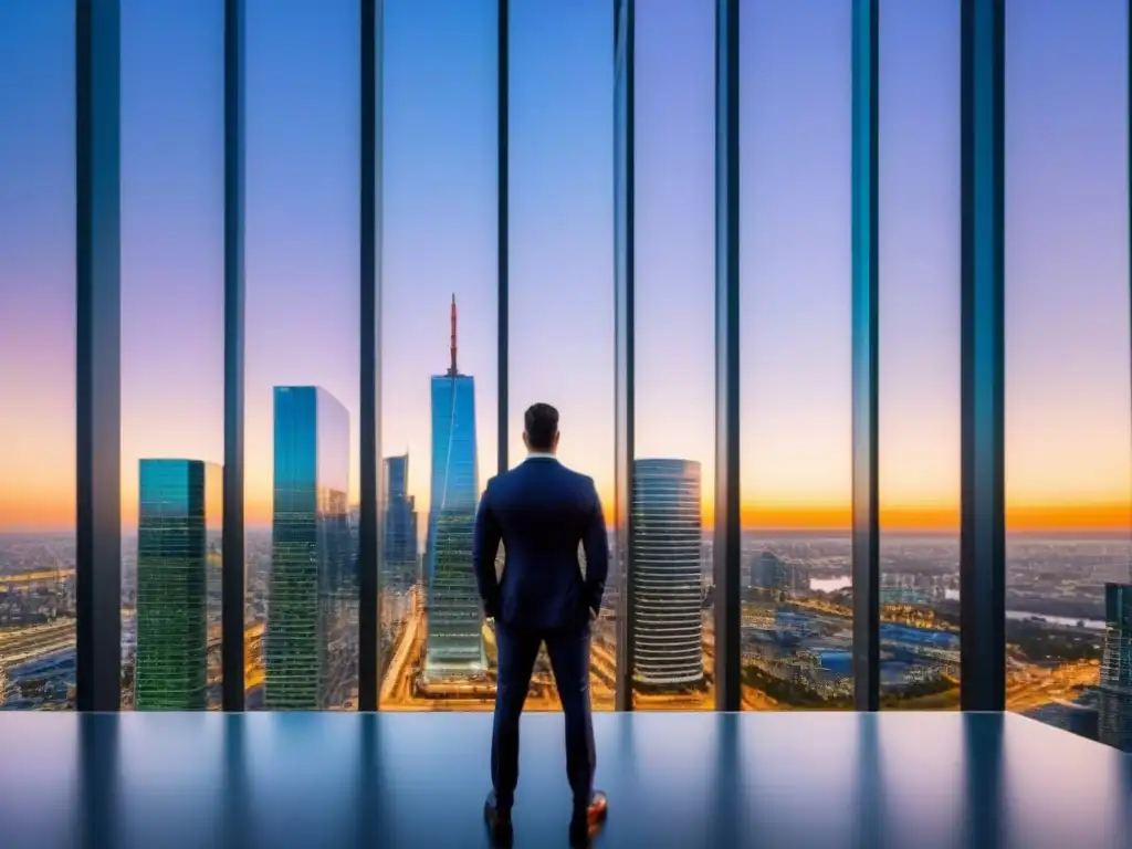 Edificio de oficinas moderno y lujoso con vista urbana al atardecer Edificio moderno de oficinas reflejando la ciudad al anochecer, simbolizando alianzas estratégicas mercado inmobiliario global