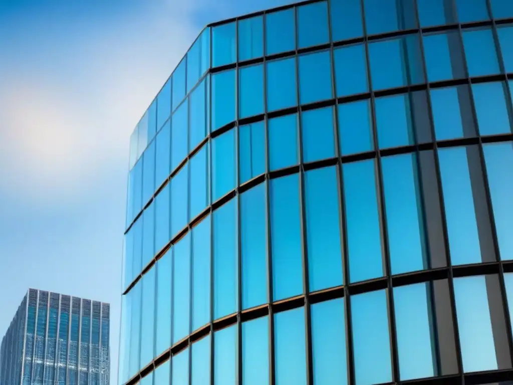 Edificio moderno de cristal: transparencia y ética global Edificio moderno de oficinas con fachada de vidrio reflejando la ciudad