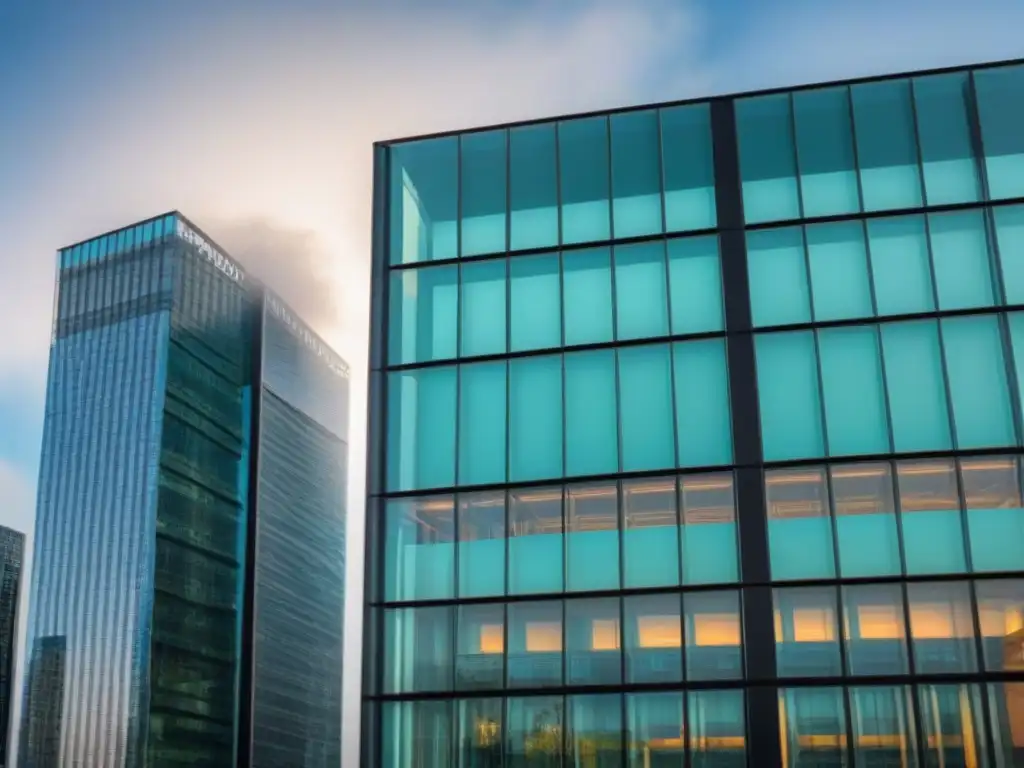 Edificio moderno de oficinas con fachada de vidrio reflejando la ciudad, para seguros propiedades comerciales internacionales