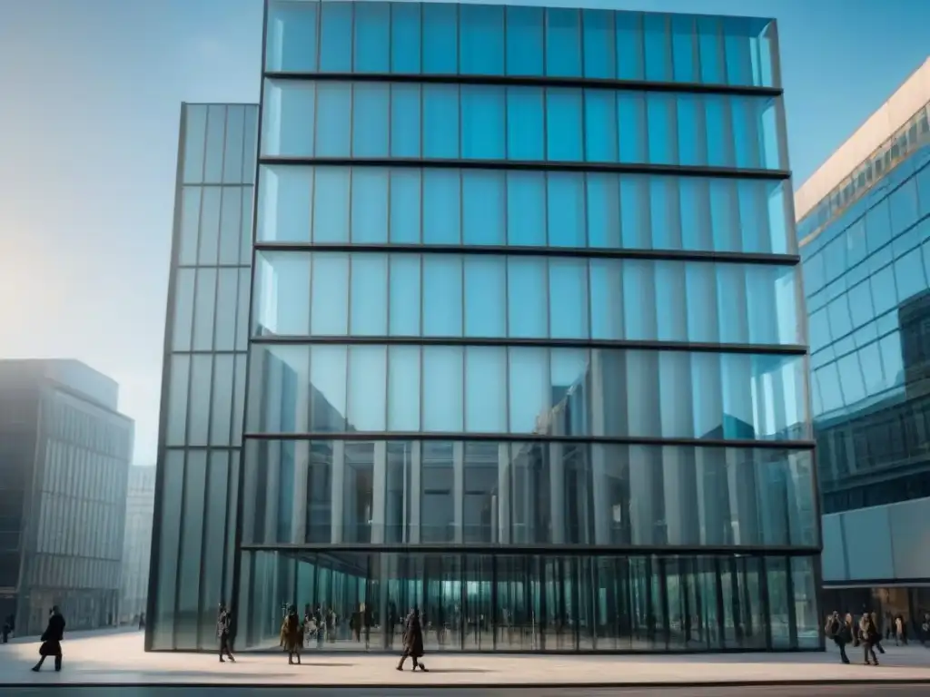 Edificio de oficinas moderno en 8K con reflejos urbanos Edificio moderno de oficinas con fachada de vidrio, reflejando la ciudad