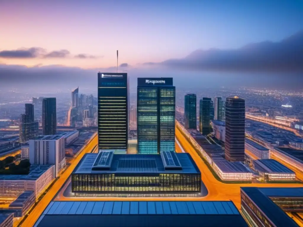 Edificio de oficinas moderno y vibrante en la noche Edificio moderno de oficinas iluminado de noche con vista a la ciudad