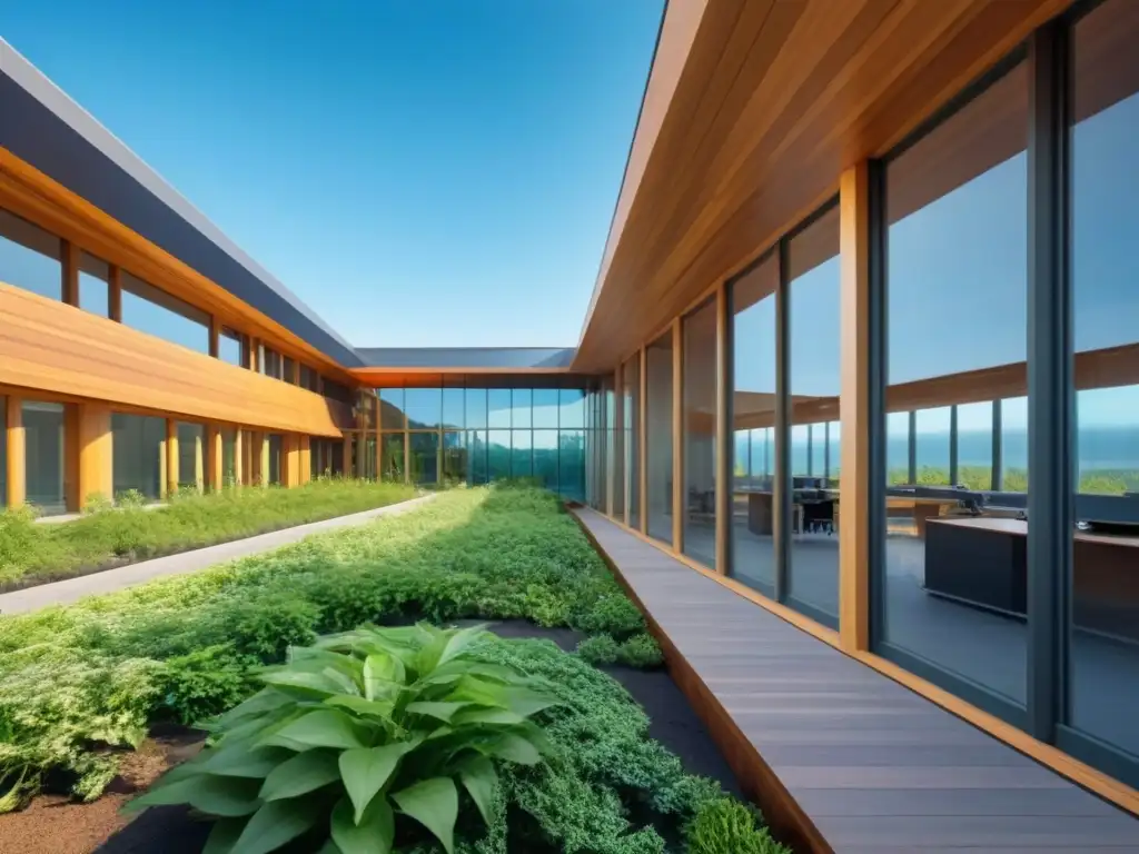 Edificio eco-lujoso: diseño contemporáneo en armonía con la naturaleza Edificio moderno de oficinas con materiales naturales, rodeado de vegetación exuberante bajo cielo azul