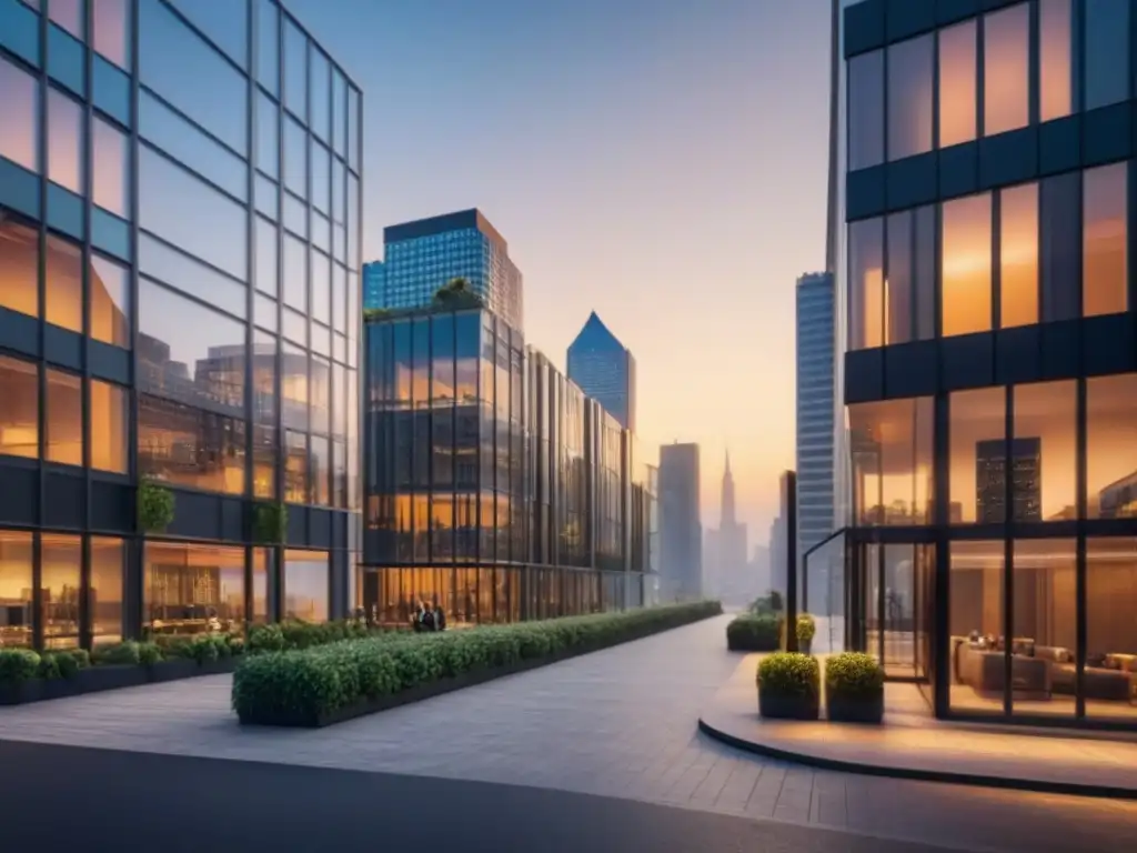 Edificio moderno de oficinas en la ciudad al atardecer Edificio moderno de oficinas con diseño de vidrio, reflejando la ciudad al atardecer