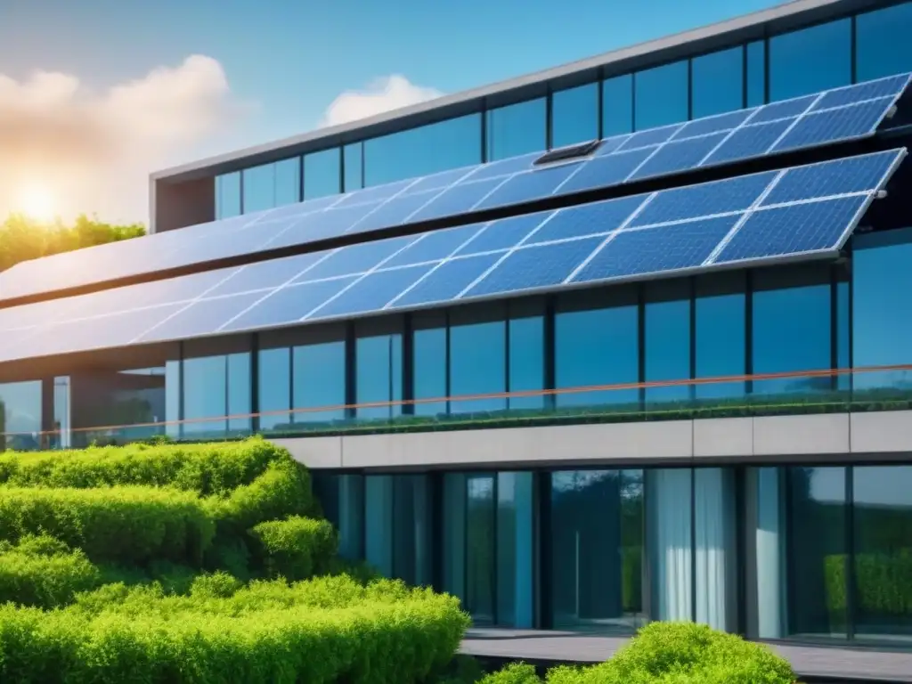 Edificio ecoamigable con paneles solares brillantes Edificio moderno con paneles solares, rodeado de vegetación