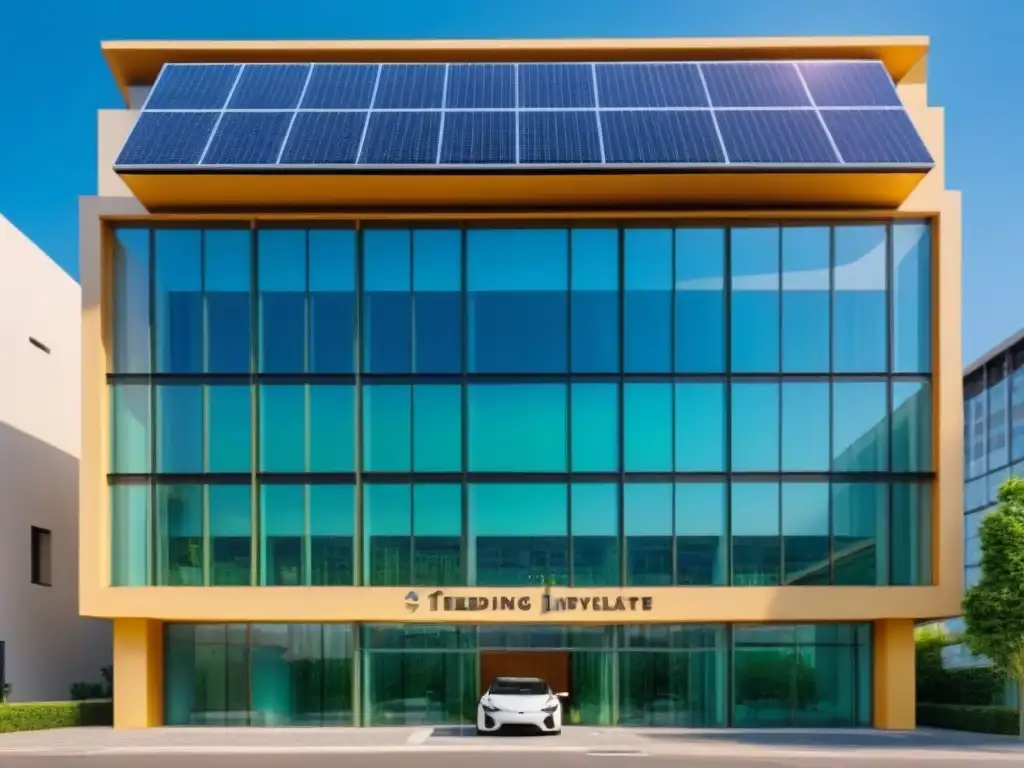 Rascacielos ecoamigable: lujo verde y sostenible Edificio moderno con paneles solares y estaciones de carga para autos eléctricos, rodeado de vegetación